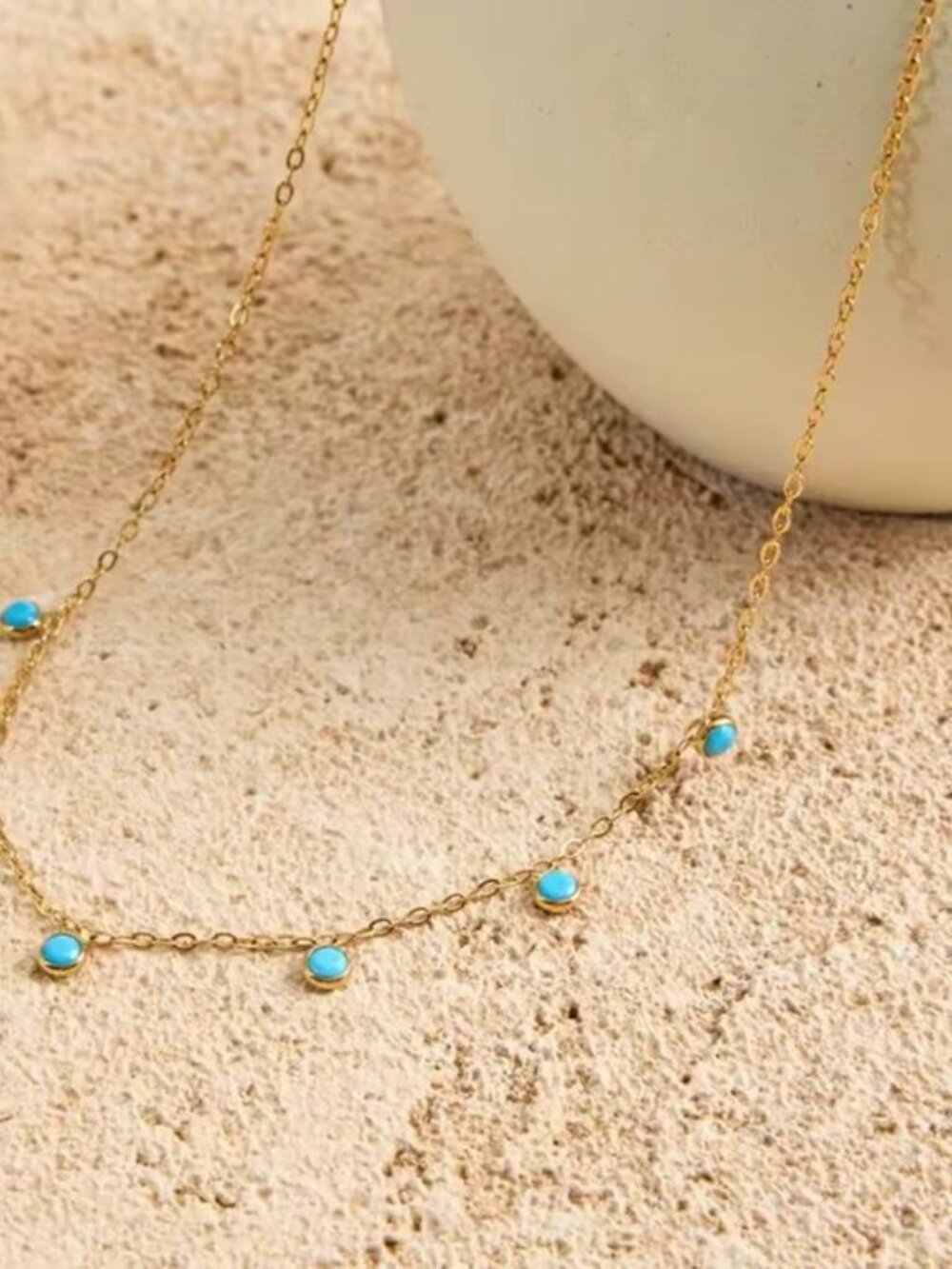 Turquoise Drops Necklace Gold Bezel Necklace WATERPROOF Gold Chain Station - Picture 7 of 9